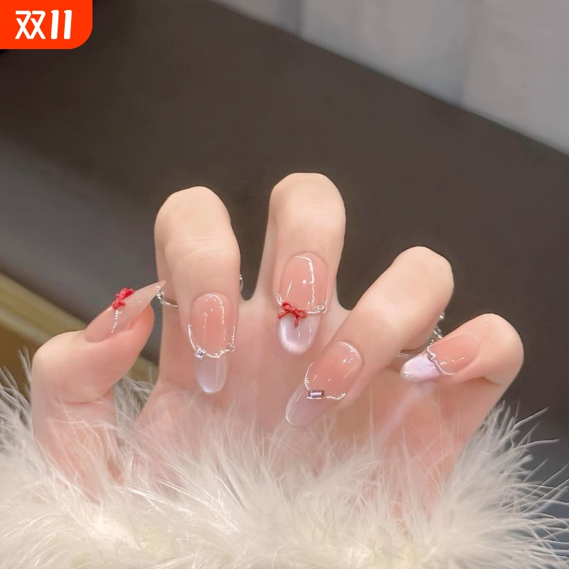 美甲穿戴甲小红书高级感猫眼珠链手工渐变贴片少女蝴蝶结甲片法式