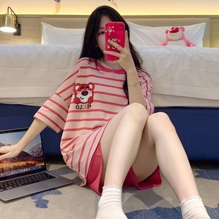 纯棉卡通家居服套装 帕兰朵夏季 大码 条纹睡衣女可爱网红风短袖 短裤