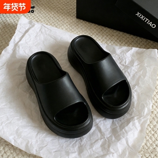 细细条 网红时尚外穿增高8cm足弓厚底拖鞋女夏防滑度假沙滩凉拖鞋