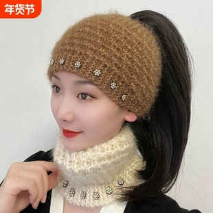 秋冬帽子女护额头巾包头帽头套女针织帽毛线保暖黑色灰色红色铆钉