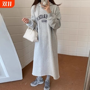 休闲风字母宽松显瘦连衣裙 纯棉连帽卫衣裙秋冬新款 孕妇装 慵懒长款