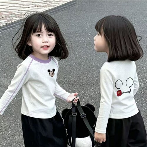 韩系女童撞色插肩袖上衣可爱卡通印花T恤儿童百搭圆领纯棉打底衫