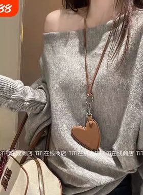 皮质爱心挂绳小包项链韩系可爱百搭挂脖毛衣链零钱包挂件配饰