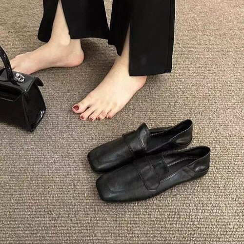 意尔康心选方头豆豆鞋女法式复古温柔平底休闲单鞋软皮软底一脚蹬