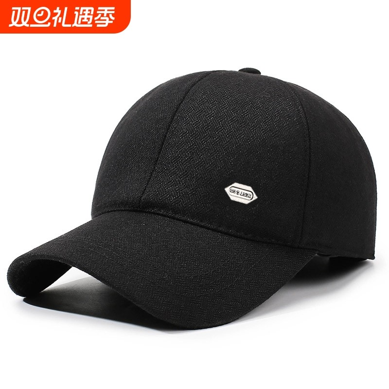 男士帽子冬季中老年爸爸棒球帽加绒厚保暖护耳鸭舌帽棉帽黑色毛呢