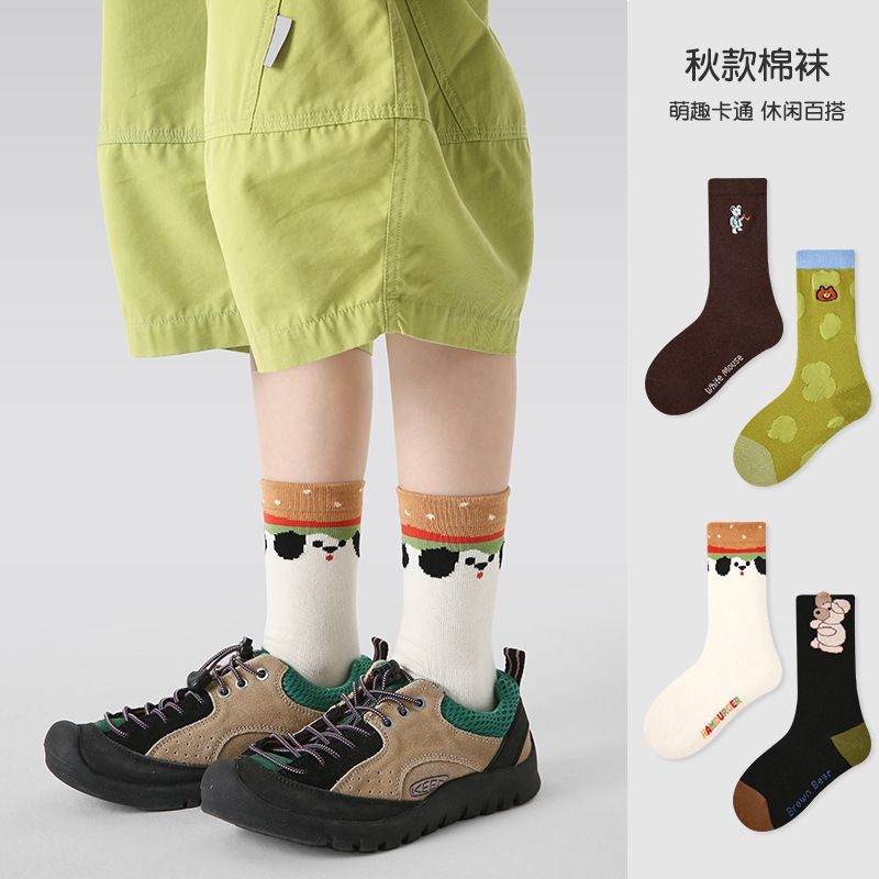 4双儿童袜子秋季新款立体卡通动物宝宝中筒袜刺绣无骨男童袜子棉