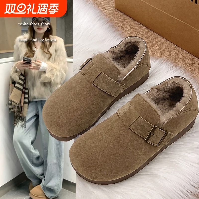 热风圈巨好看加绒全包勃肯鞋女秋冬2025新款一脚蹬棉鞋毛毛鞋平底