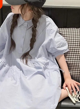 韩版童装女童连衣裙2026春夏儿童裙子学院风衬衫裙休闲A字裙蓝色