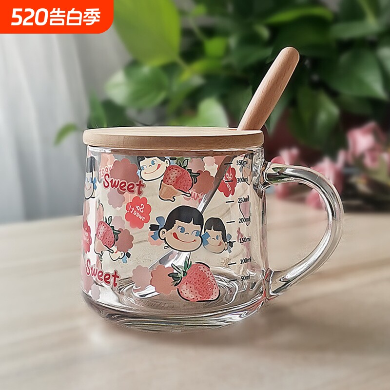 ins玻璃杯吸管牛奶早餐杯可爱卡通刻度杯子加盖勺礼品印字logo