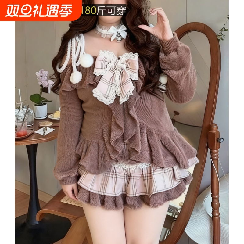 设计感小众大码秋冬棕色套装女蝴蝶结上衣拼接格子蛋糕短裙两件套