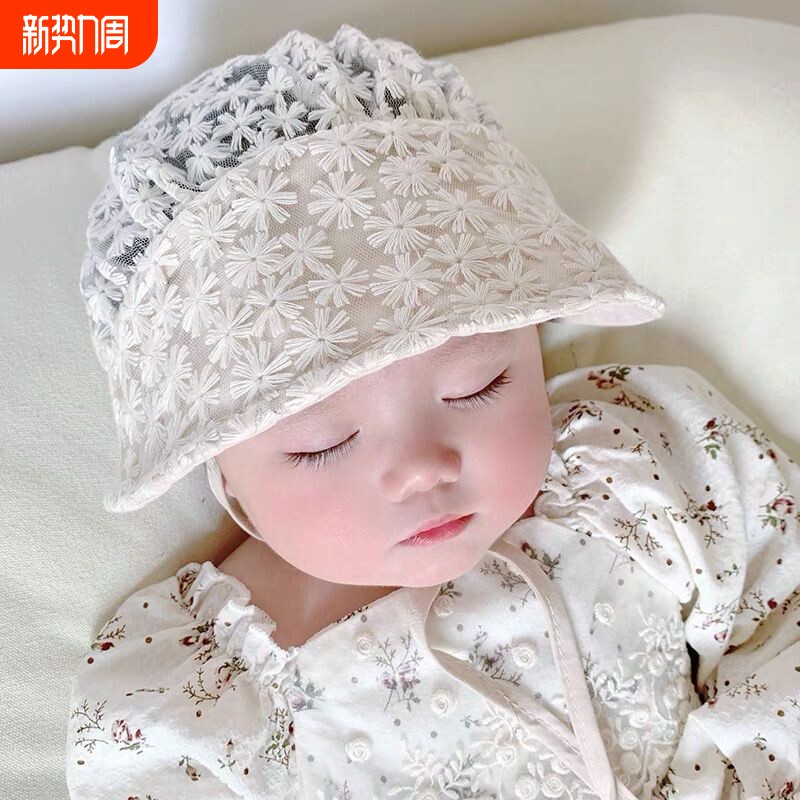 婴儿帽子夏季小月女宝宝网纱公主宫廷帽防晒透气网眼龄女童胎帽春