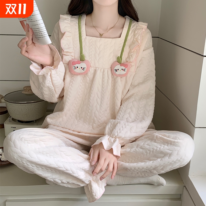 ins风睡衣少女秋冬季空气棉夹层