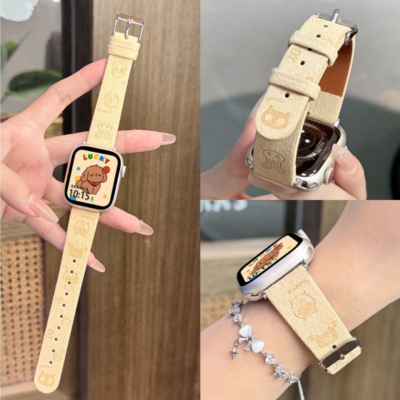 卡通开心狗绒面皮适用小米手环9pro表带10pro卡通可调节腕带8pro高级女秋冬氛围感深棕色小众苹果手表s11