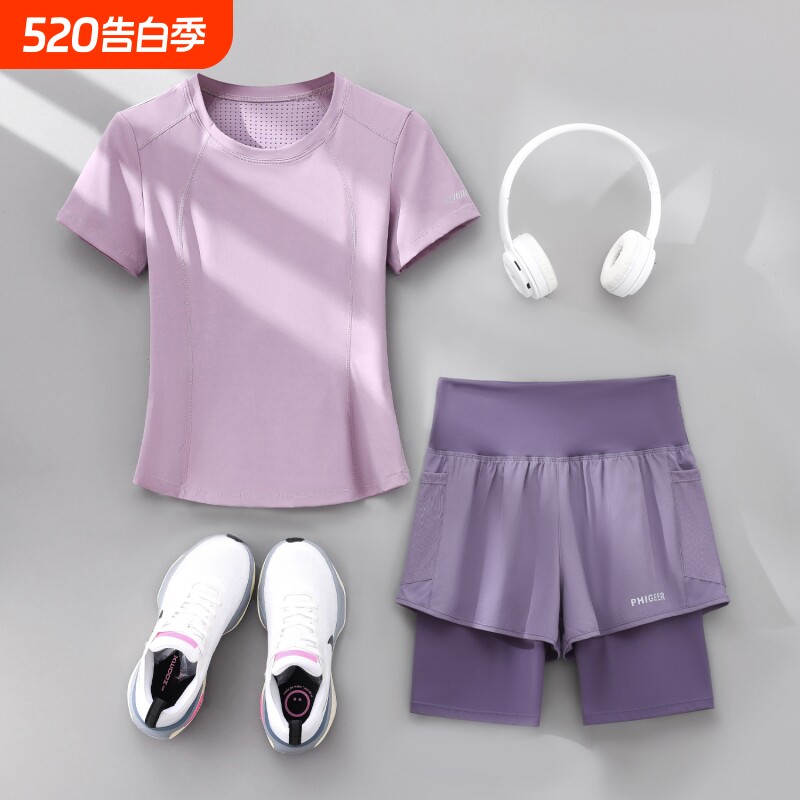 瑜伽服女跑步运动套装夏季速干后口袋放手机透气显瘦短袖健身服女