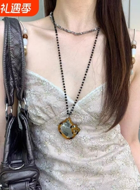 豹纹设计感小猫镜子吊坠项链女叠戴长款锁骨链可爱百搭补妆镜颈链