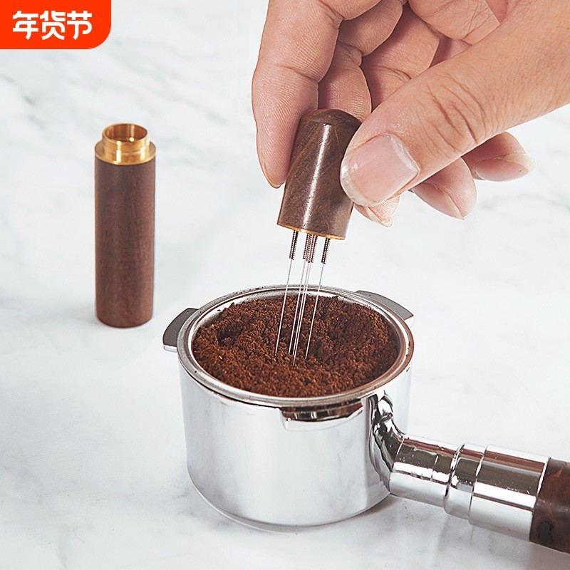 咖啡布粉针不锈钢布粉器咖啡搅拌结块打散器实木带收纳散粉针意式