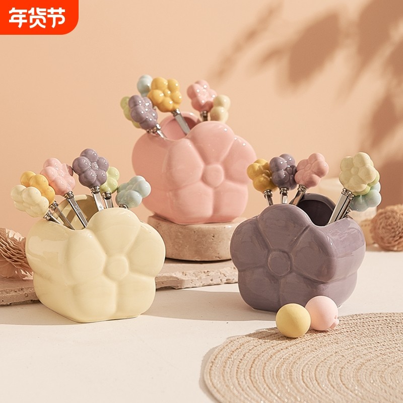 可爱水果叉套装创意精致不锈钢食品级高颜值家用陶瓷小叉子收纳罐,餐饮具,水果叉/水果签,淘宝优惠券,粉丝福利购,淘宝优惠卷