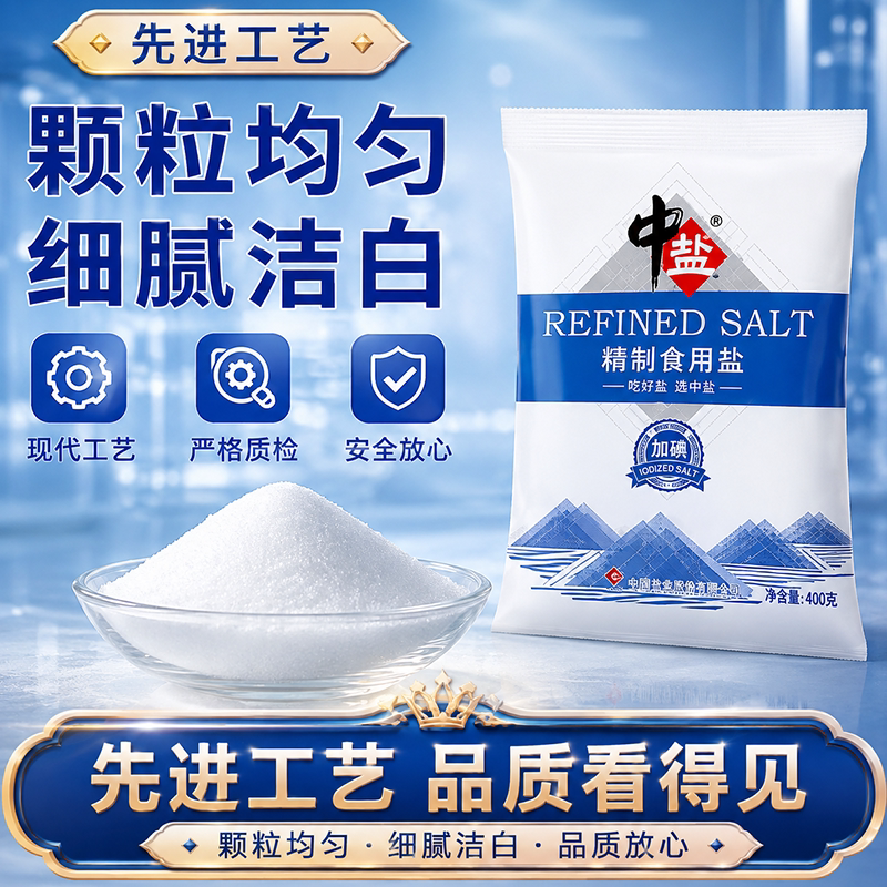 中盐加碘未加碘食盐精制食用盐400g调味品细盐健康低钠湖盐食品级