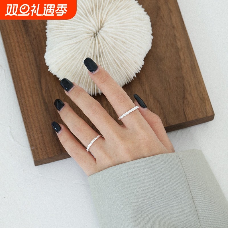 091纯银S925韩版情侣戒指简约个性石纹磨砂面男女对戒学生银饰