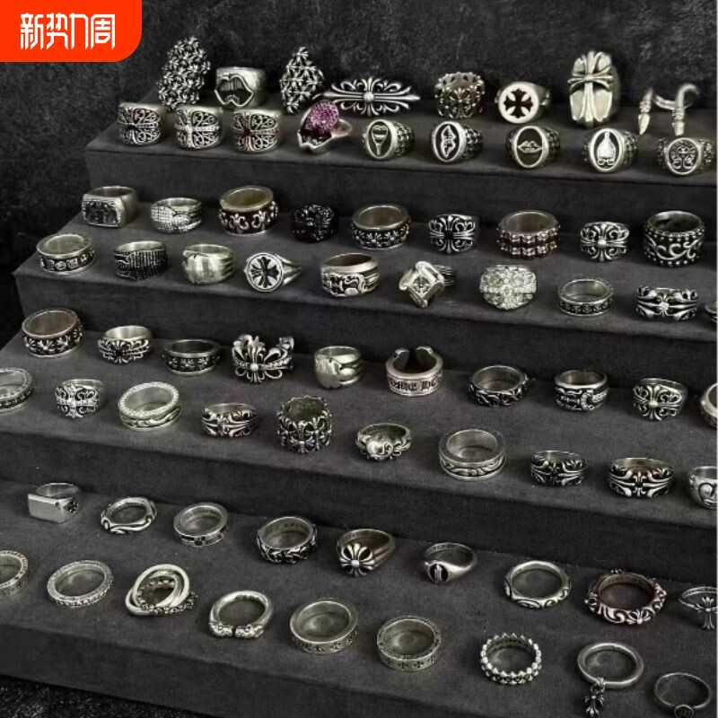 925银布艺戒指 潮款男士925银复古十字架戒指大号不掉色小众高