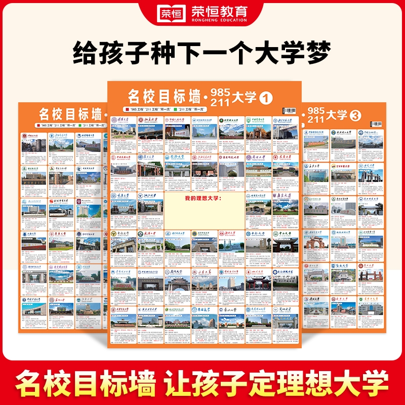 抖音爆款名校目标墙贴985/211全套3张985211大学介绍墙全国百所优质高考高中教室挂图名牌激励榜讲解墙纸重点