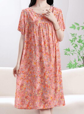 夏季妈妈装睡裙家居服短袖薄款棉绸连衣裙女款新款女睡衣遮肚子