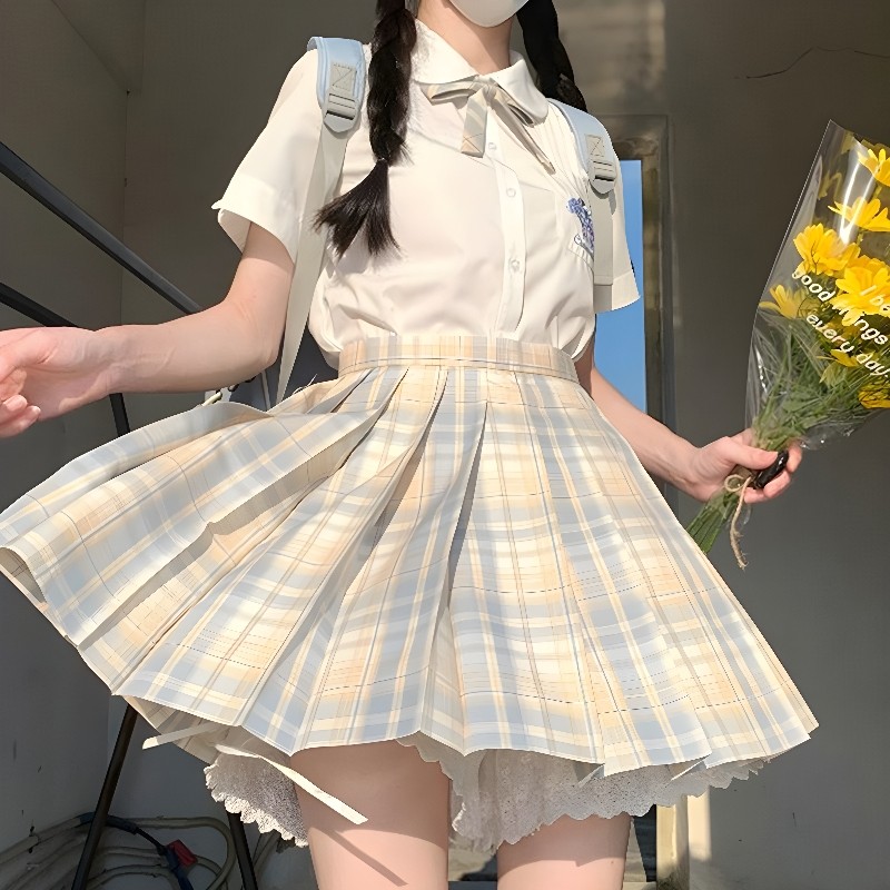 柠檬海盐jk制服裙正版学院风套装原创百褶格裙短裙女温柔格子褶皱