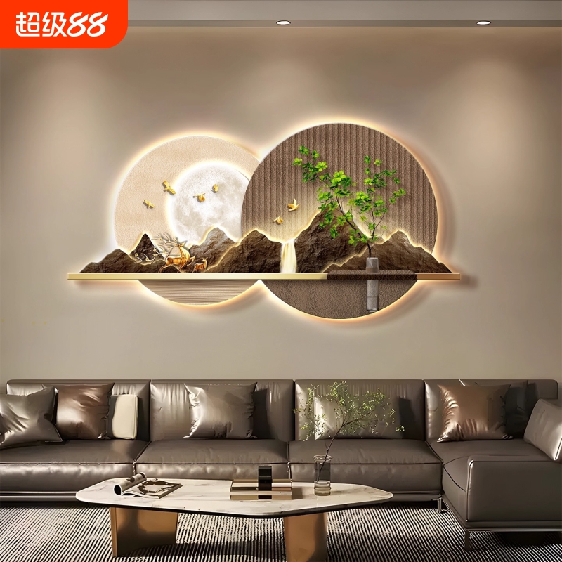 客厅装饰画福鹿生财大气山水画沙发背景墙挂画高级感茶室布置壁画
