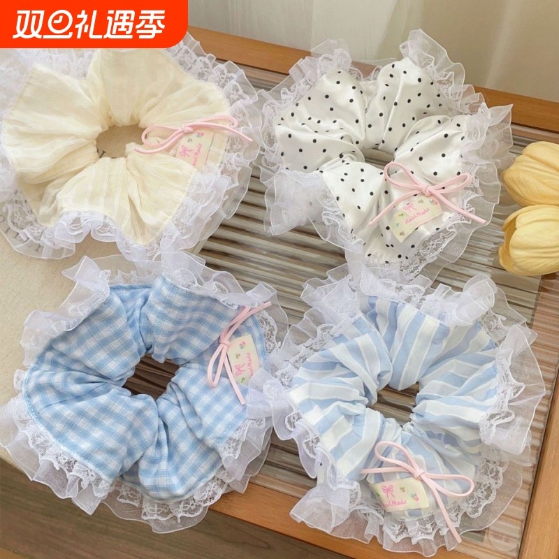 2025大肠甜美扎马尾格子新款发圈感蕾丝丸子头发绳百搭发饰