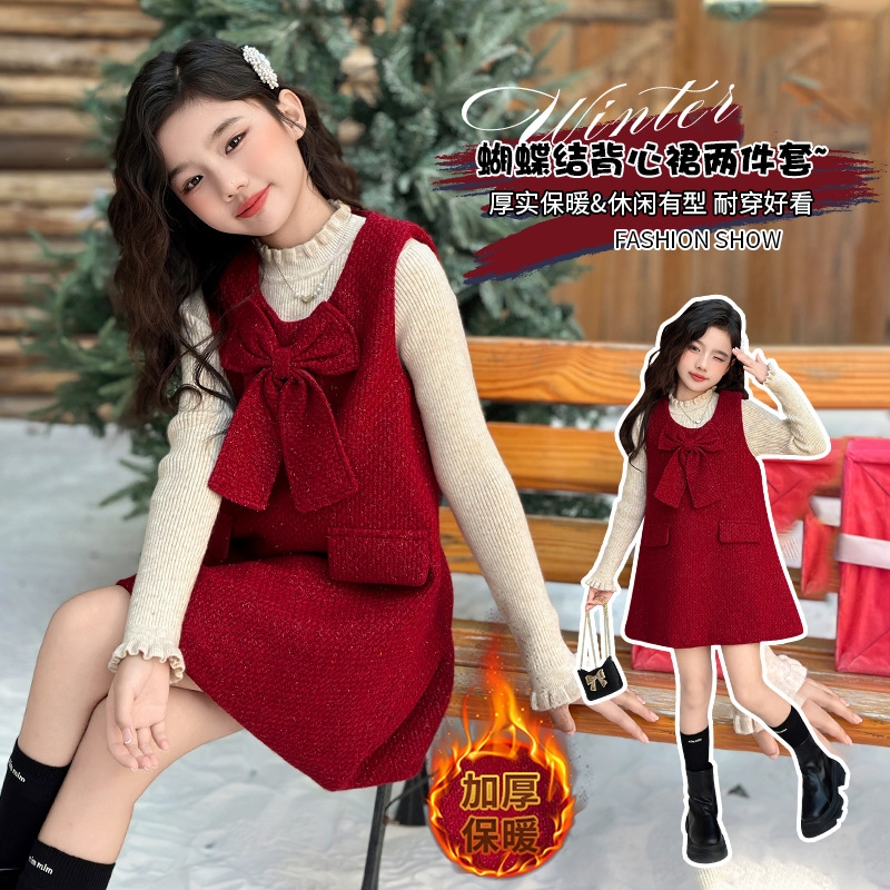 冬季女童连衣裙冬款2025新款洋气儿童背心裙套装女大童新年服裙子