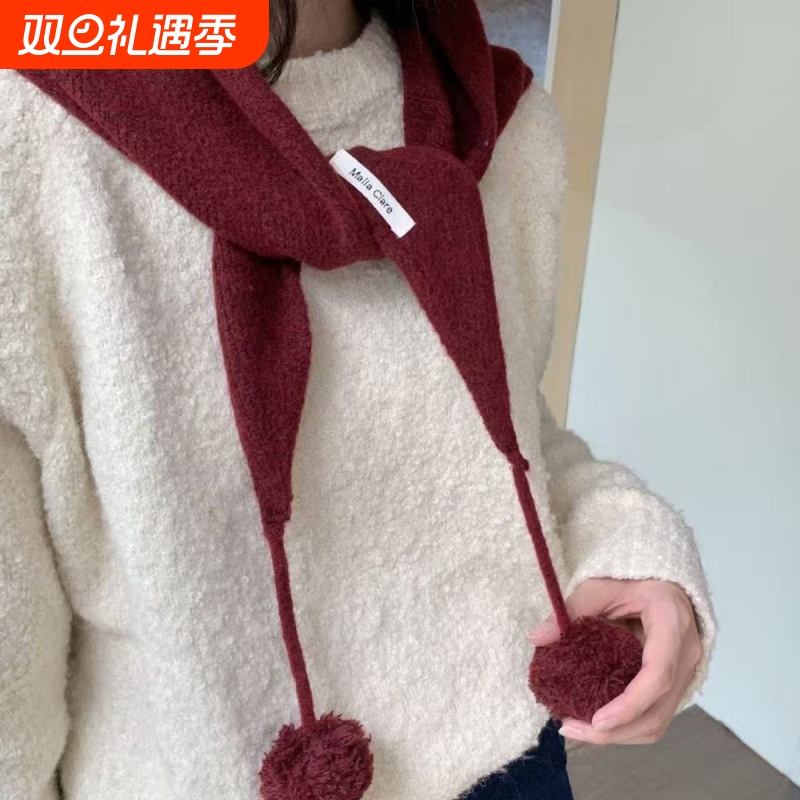 时尚百搭纯色2025可爱气质毛球日系早秋新款多功能三角披肩配饰