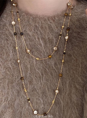 美虎眼石珍珠项链女秋冬季2026爆款轻奢高级感长款毛衣链法式棕色