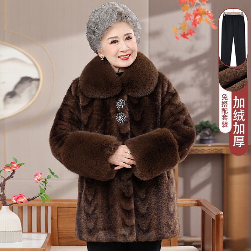 中老年人女冬装水貂绒外套冬季加绒加厚棉服大衣服中长款红色新款