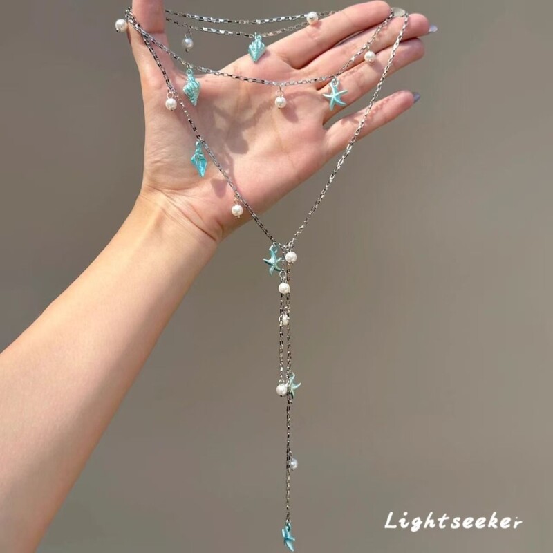 蓝色海星海螺珍珠流苏项链精致海边度假风长款叠戴锁骨链甜酷腰链