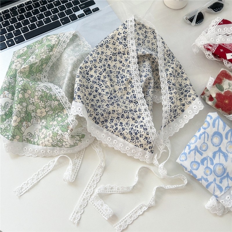 森系蕾丝花边三角巾女春秋小碎花棉麻小领巾发带装饰薄款包头丝巾