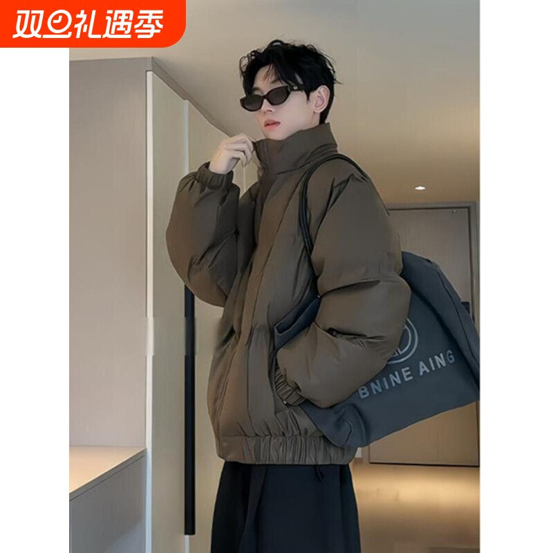 户外痞帅方格羽绒服男冬季短款廓形pu皮衣外套美式高街立领面包服