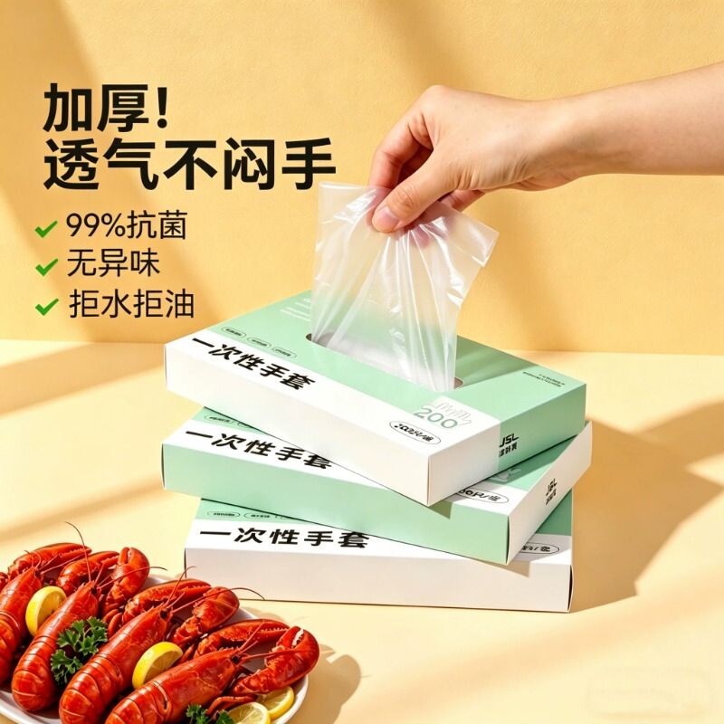 一次性手套pe食品级餐饮专用加厚透明塑料薄膜厨房盒装抽取式家务