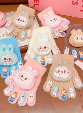 儿童手套布布小女孩五指套冬季保暖男童宝宝手指套毛线毛绒紫色