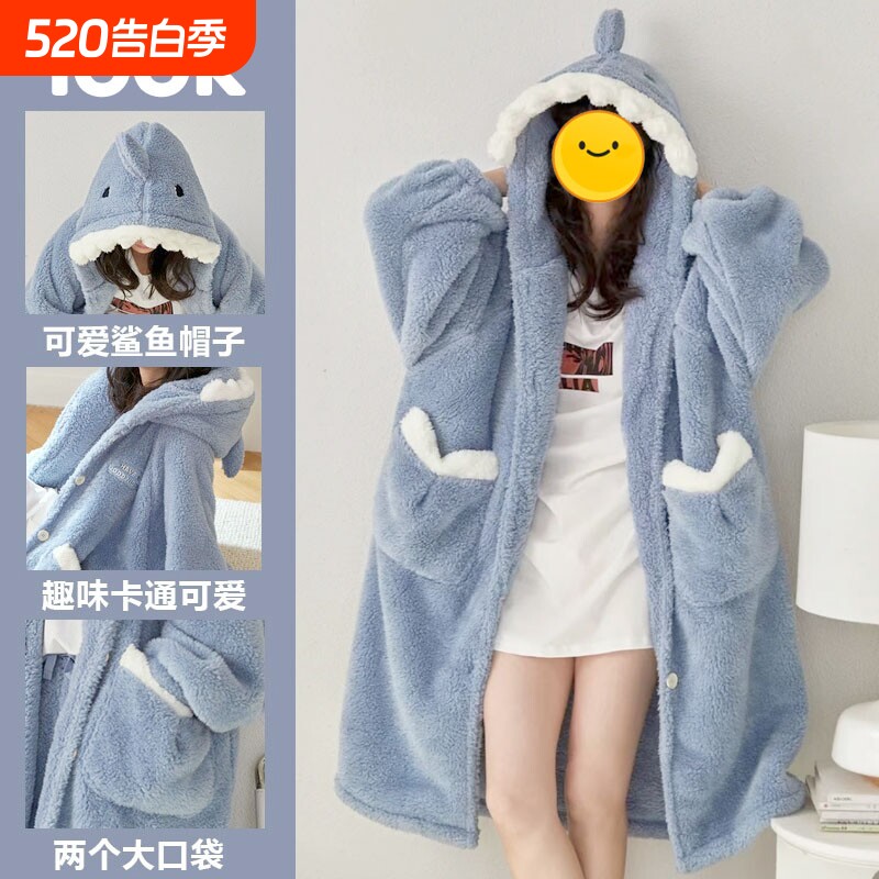 珊瑚绒睡衣女冬季2025新款男士加厚秋冬睡裙长鲨鱼睡袍套装家居服