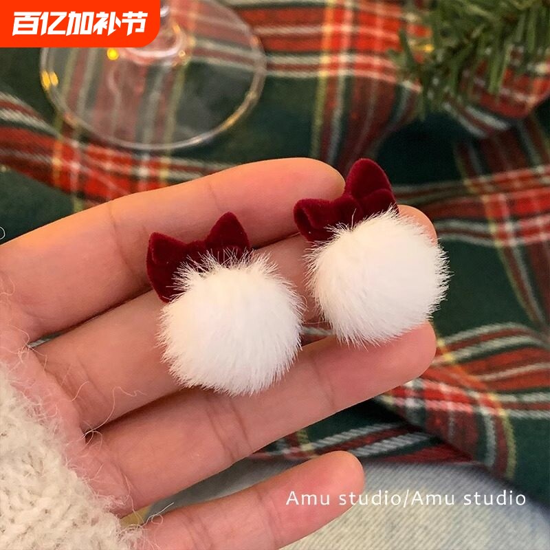 新年圣诞复古红色耳环女甜美可爱毛球银针耳钉秋冬小众耳饰蝴蝶结