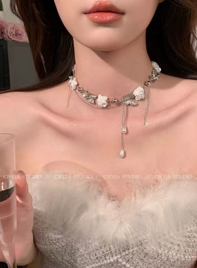 法式白色花朵蝴蝶珍珠流苏项链女轻奢小众高级感choker锁骨链颈链