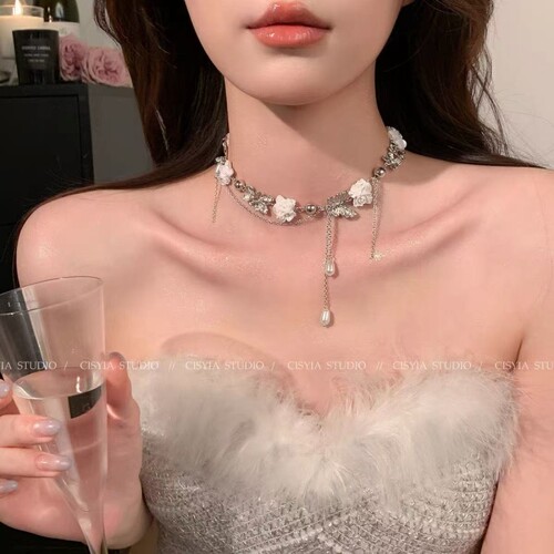 法式白色花朵蝴蝶珍珠流苏项链女轻奢小众高级感choker锁骨链颈链