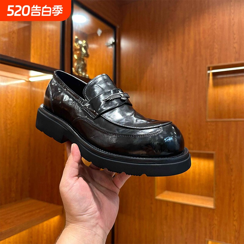 广州高端乐福鞋手工大头皮鞋英伦绅士百搭黑休闲男款潮鞋厚底防滑