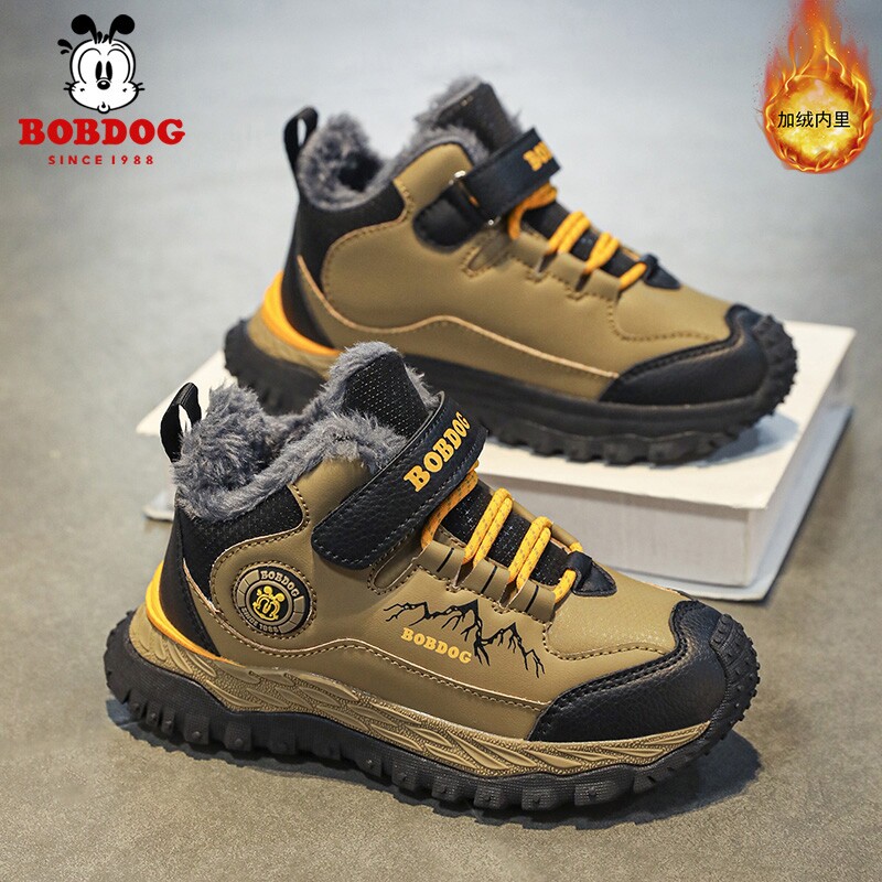 巴布豆男童棉鞋2026冬季加绒加厚保暖大棉儿童运动鞋防滑皮面支撑