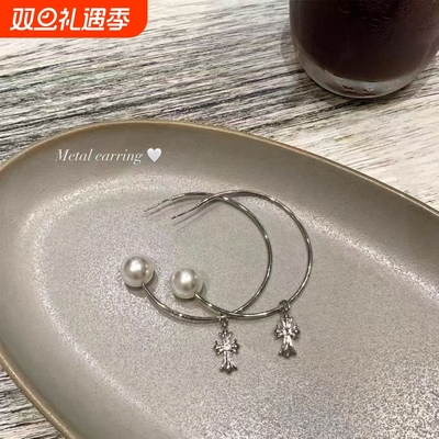 韩系银色十字架圆珠大耳圈女轻奢气质高级感耳环日常个性夸张耳饰