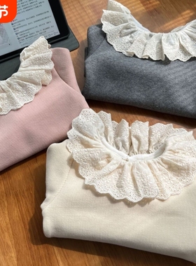秋冬女童加绒打底衫新款儿童花边领一体绒打底儿童加厚上衣THH342