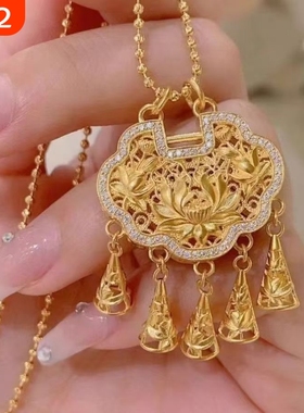 2025复古时尚百搭精美绝伦富贵吉祥同心锁流苏莲花项链吊坠女款