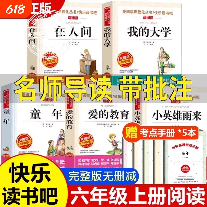 全套5册 童年爱的教育小英雄雨来六年级上册快乐读书吧必读的课外书 在人间和我的大学高尔基三部曲正版原著小学6老师推荐经典必读