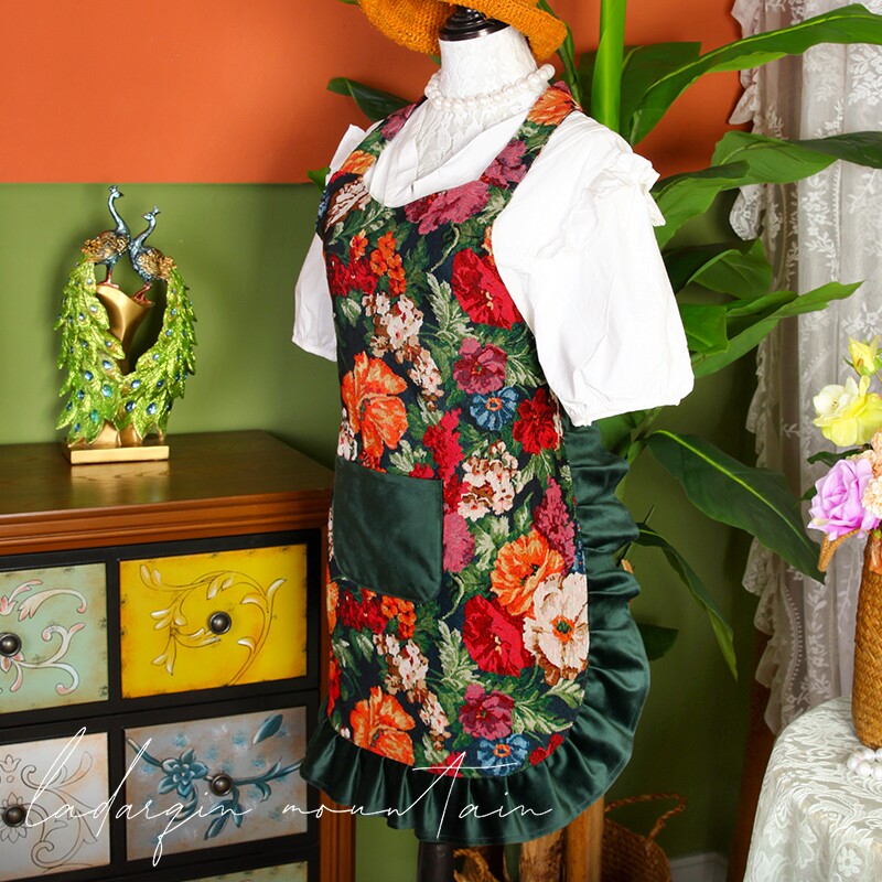 复古风布艺围裙家用防水围腰厨房防护头巾围裙袖套套装特色工作服