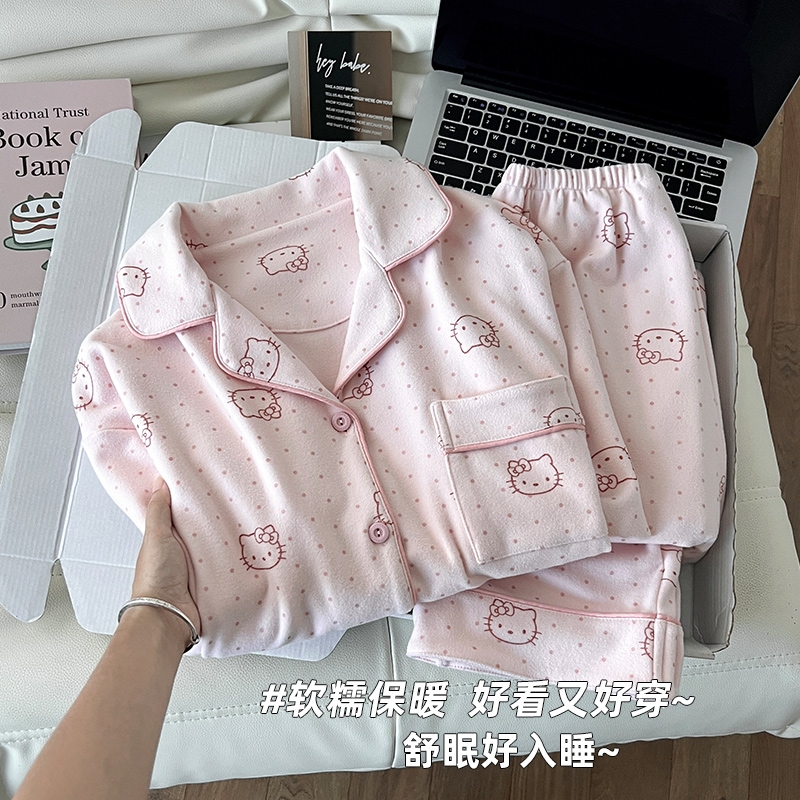 德绒睡衣女款秋冬季长袖开衫套装